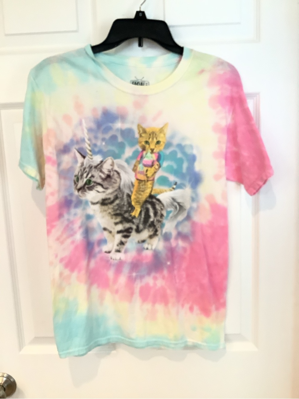 Tie-Dye Cat Rider Graphic Tee - Pink, Blue & Cream